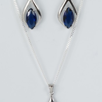 Sterling Silver Simulated Sapphire Stone Pendant and Chain with Matching Drop Earrings